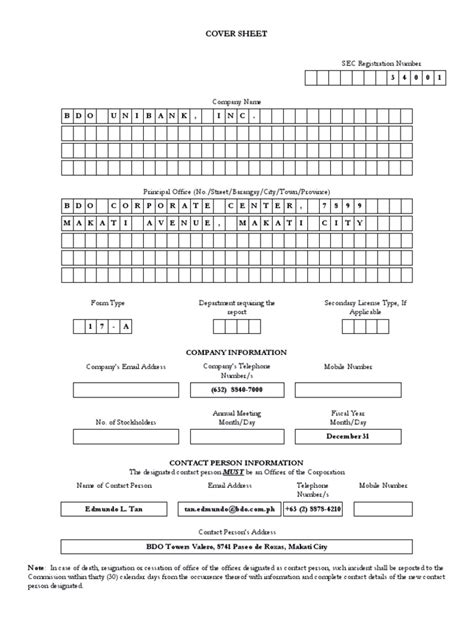 bdo postal code|SEC FORM 17.